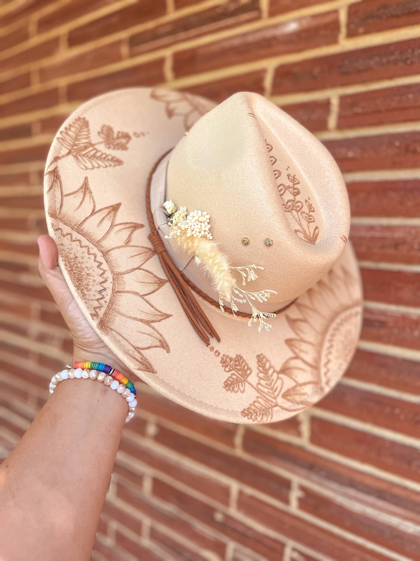 Sunflower Burned Fedora Floral Western Fern Jewel Custom