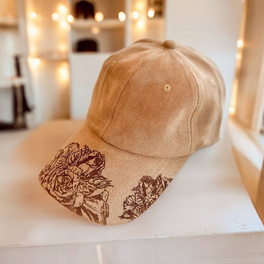 Suede Baseball Hat Burned Rose Design  (Colors Tan or Gray)