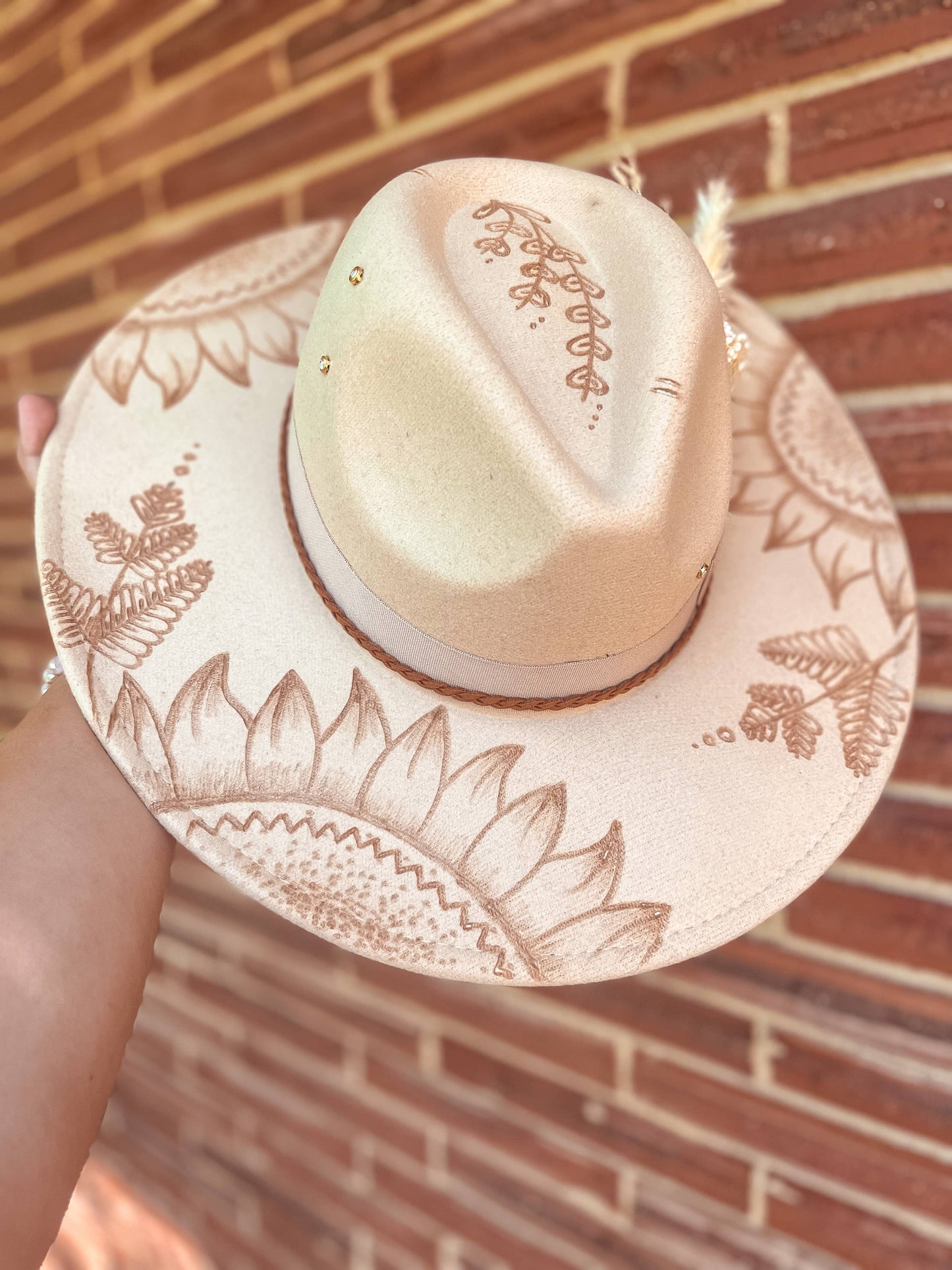 Sunflower Burned Fedora Floral Western Fern Jewel Custom