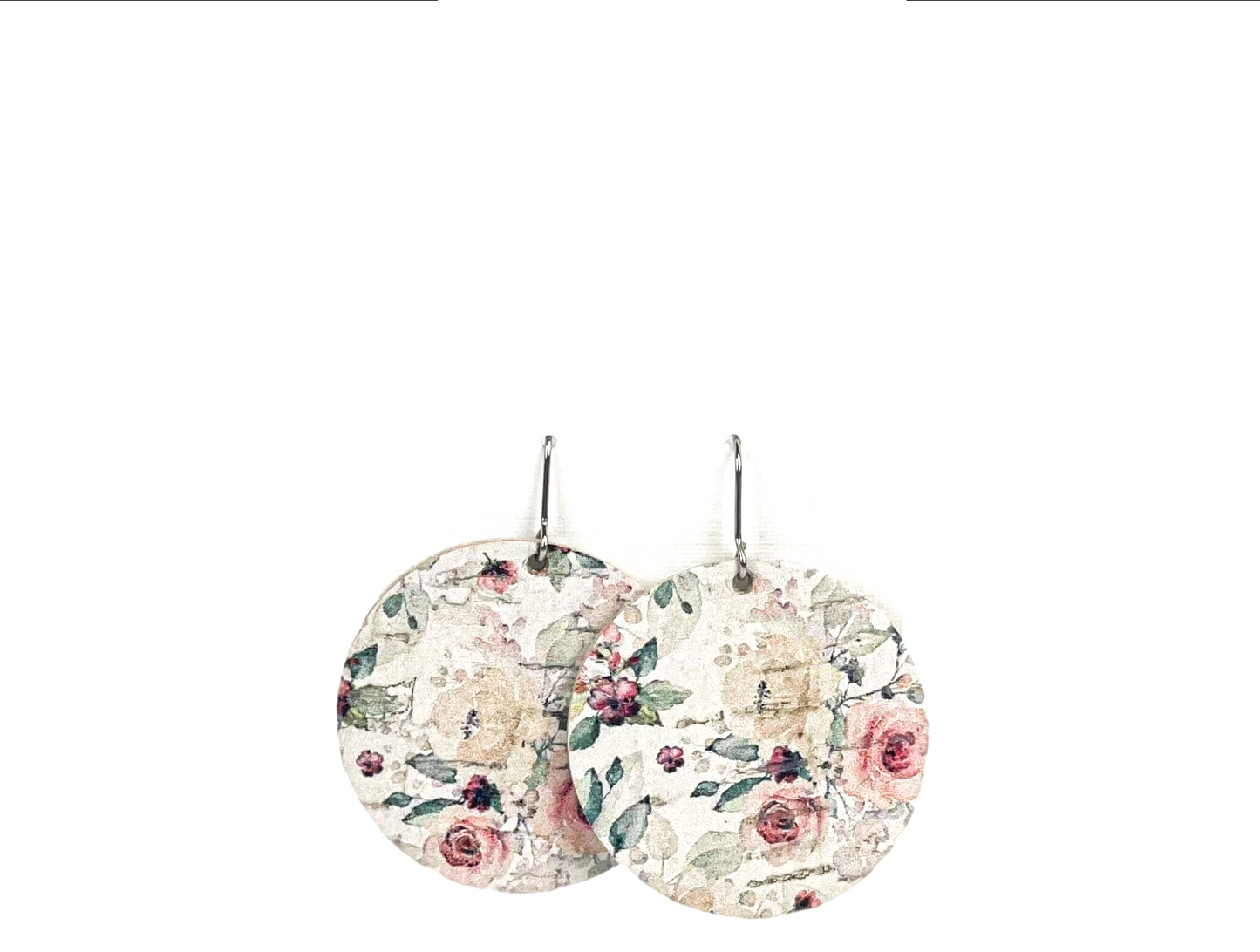 Mauve Floral Cork + Leather Round Earrings